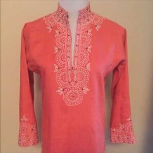 J. Crew Coral Embroidered Linen Tunic Embellished details size Large